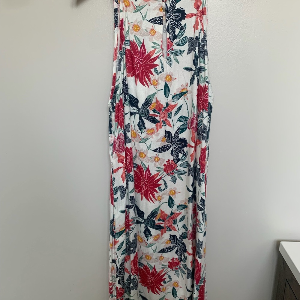 Roxy White Floral Asymmetrical Maxi Dress with Pink & Green Print